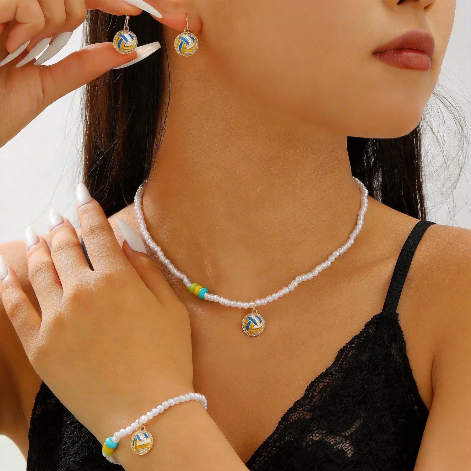 Sporty Soccer Football Rugby Pendant Pearl Beaded Necklace Bracelet Earrings Set