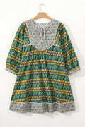 Plus Size Floral Stripe Trim 3/4 Sleeve Mini Dress