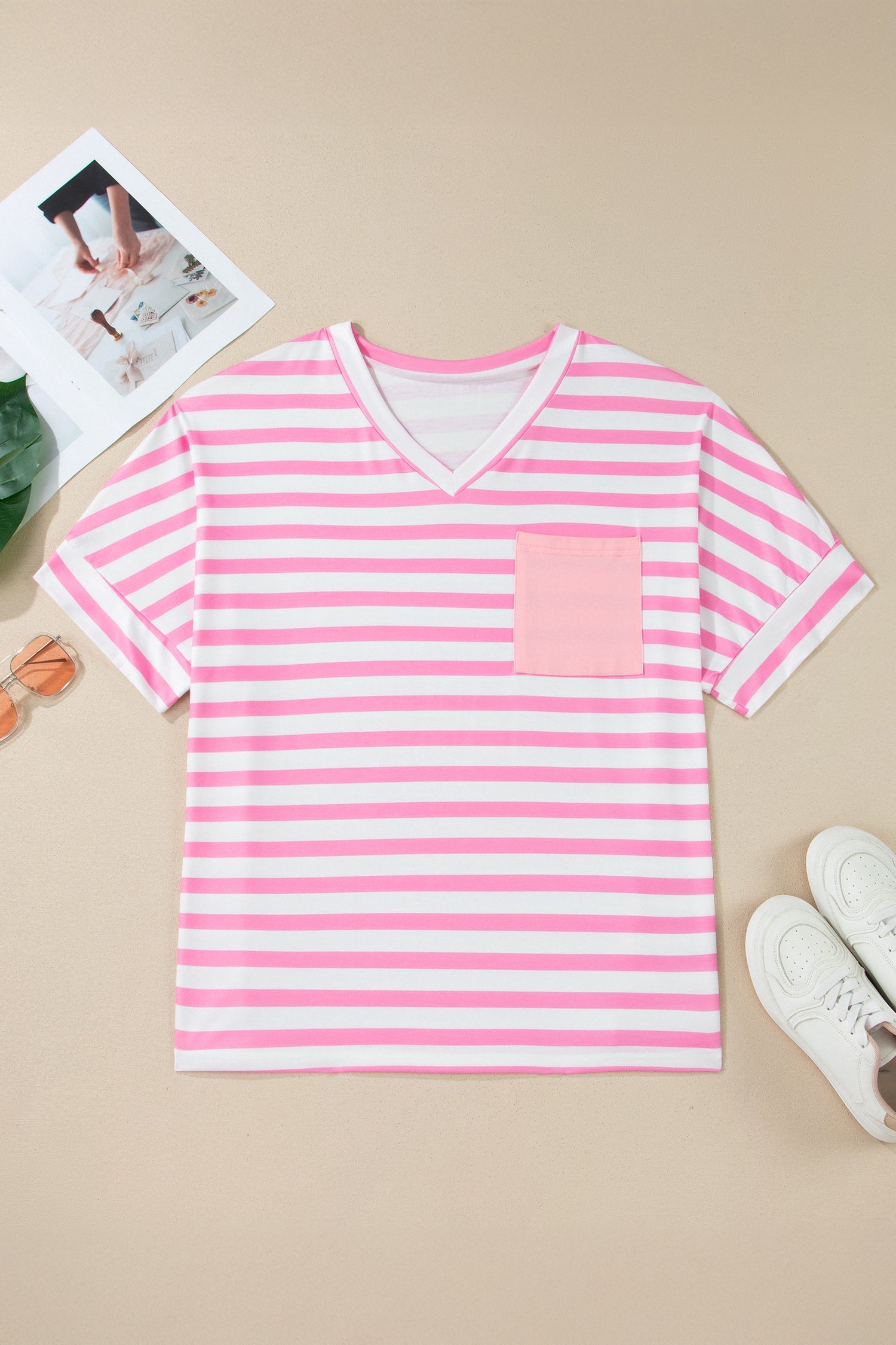 Plus Size Stripe Colorblock Patch Pocket Tee