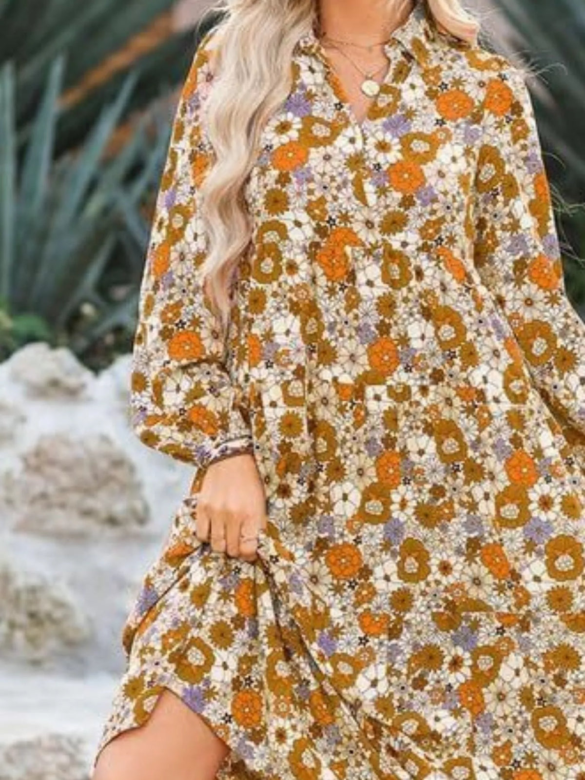 Floral Print Balloon Sleeve Midi Dress