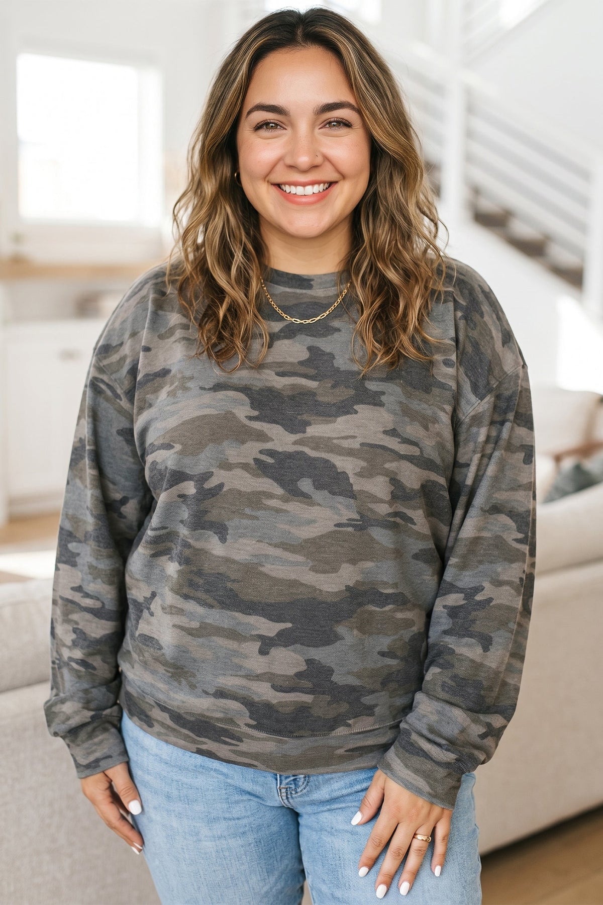 Plus Size Camo Crew Neck Long Sleeve Sweatshirt
