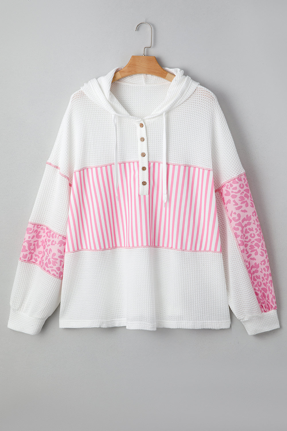 Plus Size Stripe Leopard Patchwork Waffle Knit Buttoned Hoodie