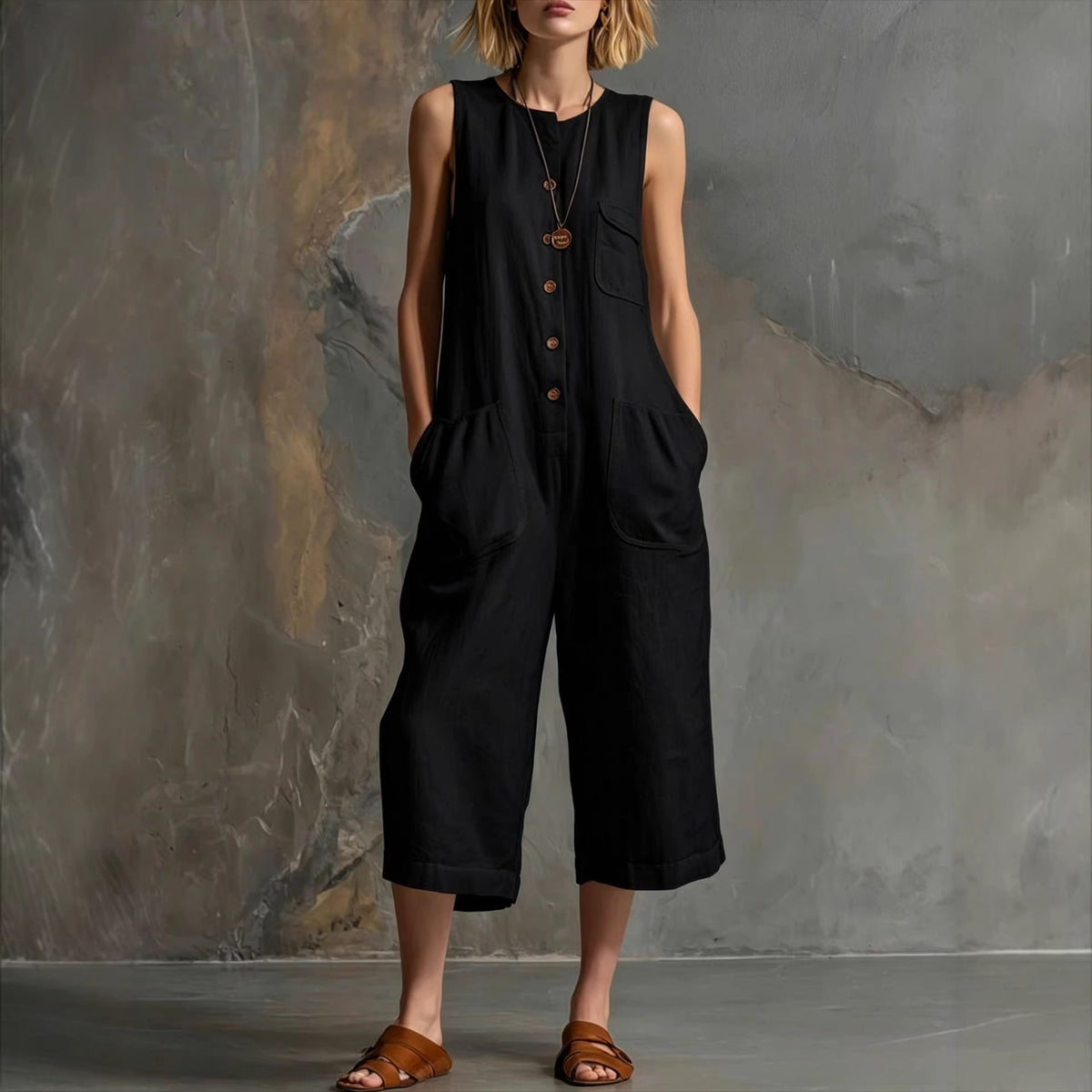 Women's Retro Sleeveless Wide-Leg Cropped Jumpsuit
