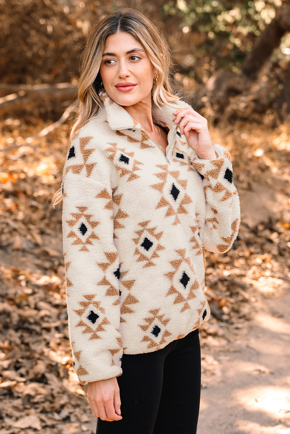 Western Aztec Sherpa Quarter-Zip Collared Sweatshirt
