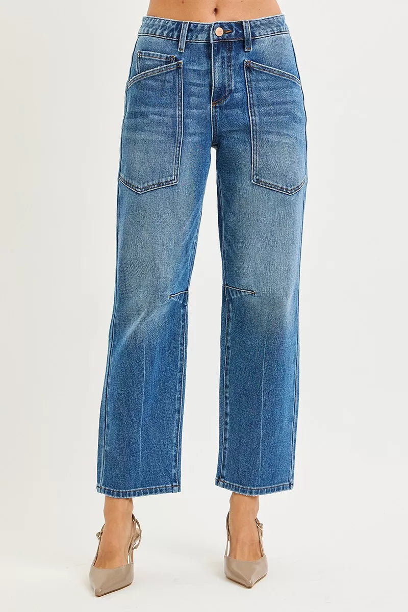 4 Way Stretch Mid Rise Barrel Jeans with Patch Pocket Detail