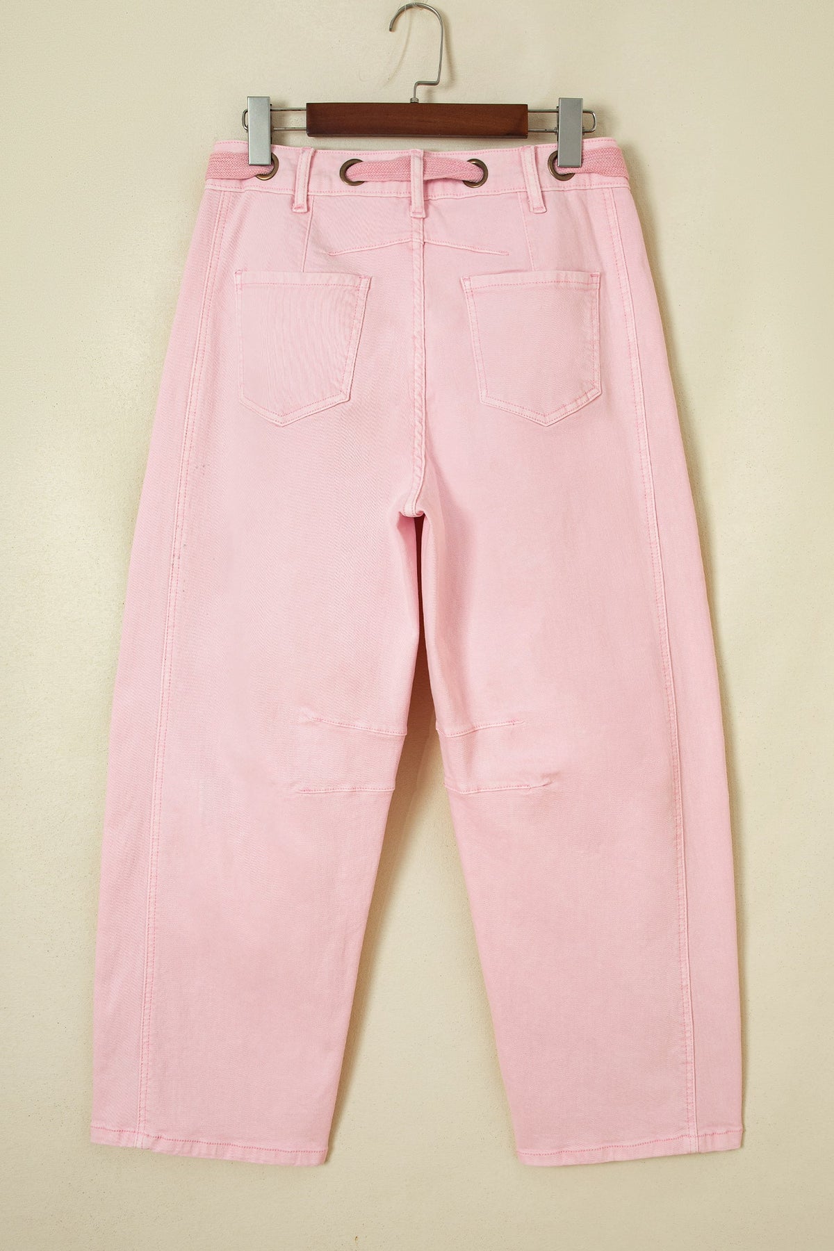 Solid Denim Grommet Tie Waist Barrel Leg Jeans