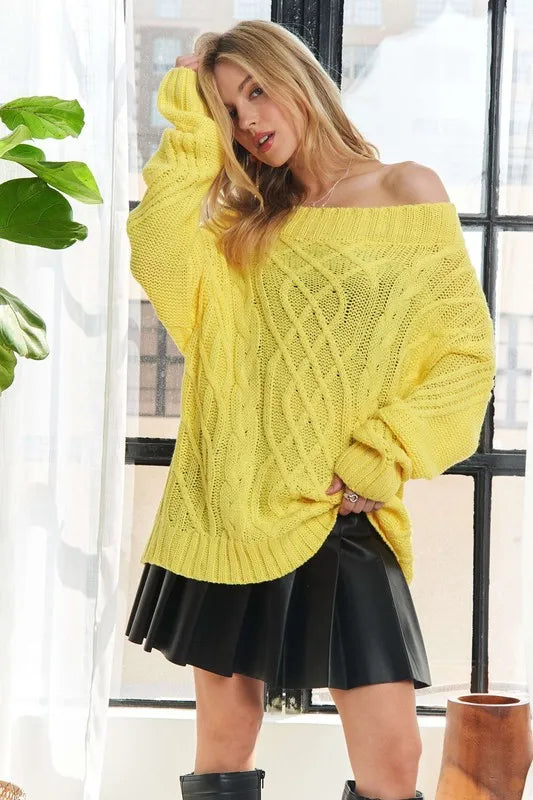 Off-Shoulder Cable Knit Sweater - Cozy & Trendy Design