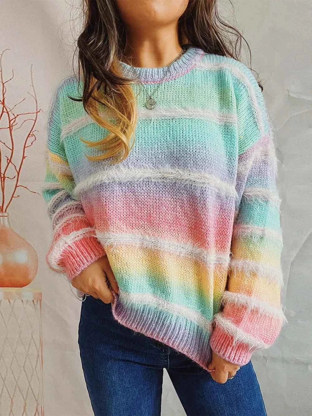 Multicolor Pastel Rainbow Striped Round Neck Long Sleeve Sweater