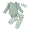 fhutpw Baby Girl Clothes Outfits | Long Sleeve Knitted Romper & Daisy Pants | Fall / Winter | 3Pcs Clothes Sets | Daisy Green | 0-3 Months - # BAAA71710016