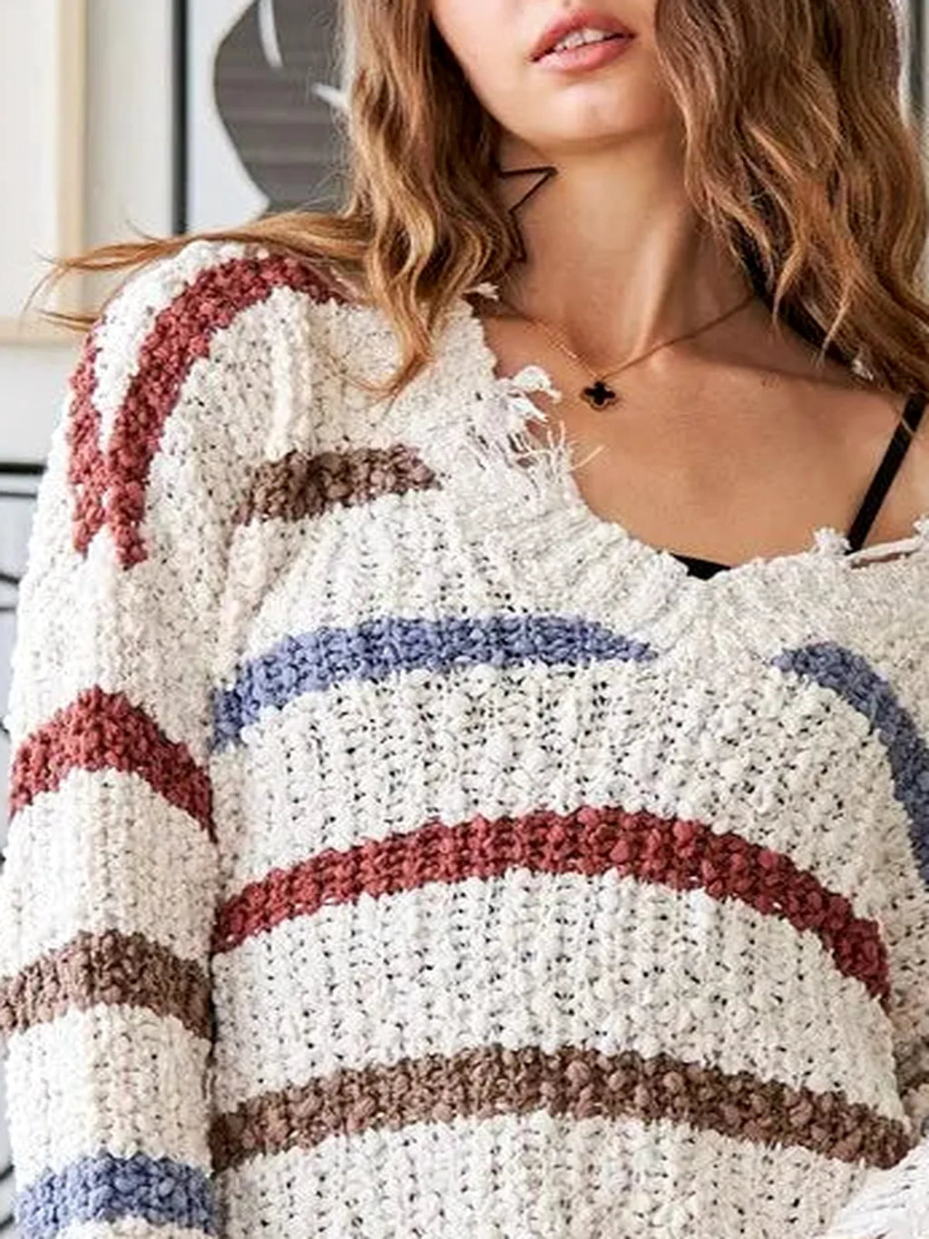 Chic Striped Sweater with Unique Frayed Edges