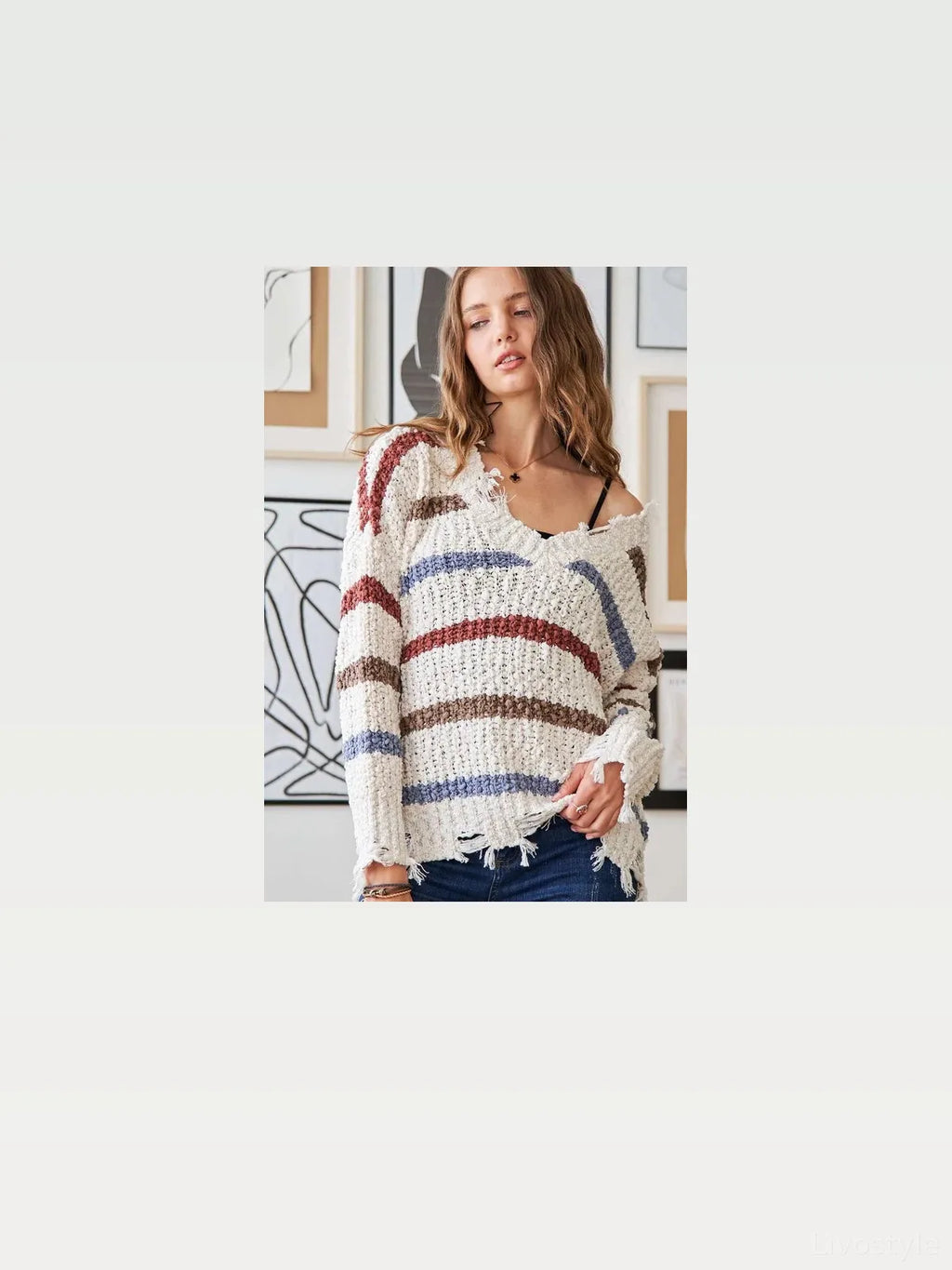 Chic Striped Sweater with Unique Frayed Edges