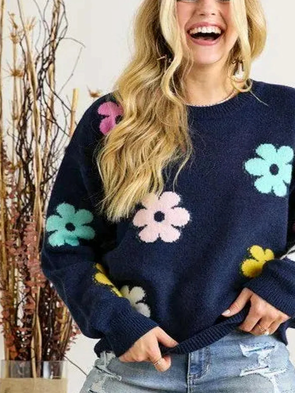 Floral Design Knit Sweater