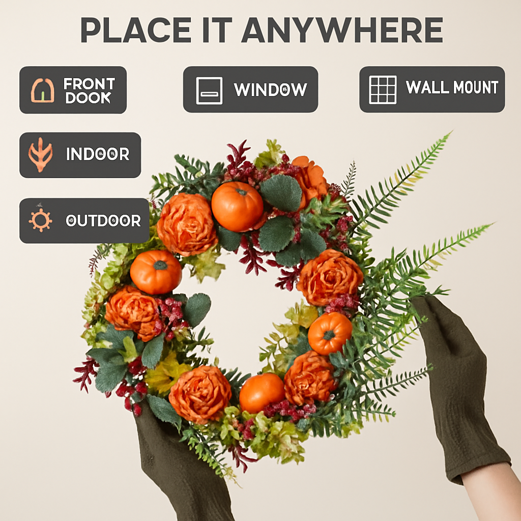 Autumn Wreath with Pumpkin, Leaves and Berries