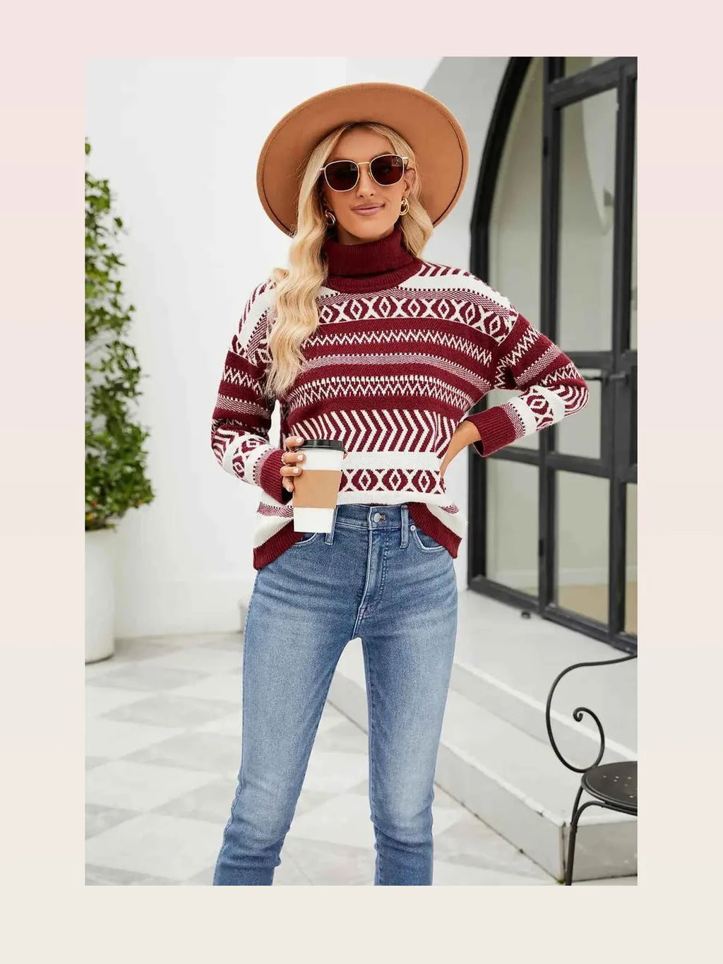 Geometric Turtleneck Long Sleeve Sweater