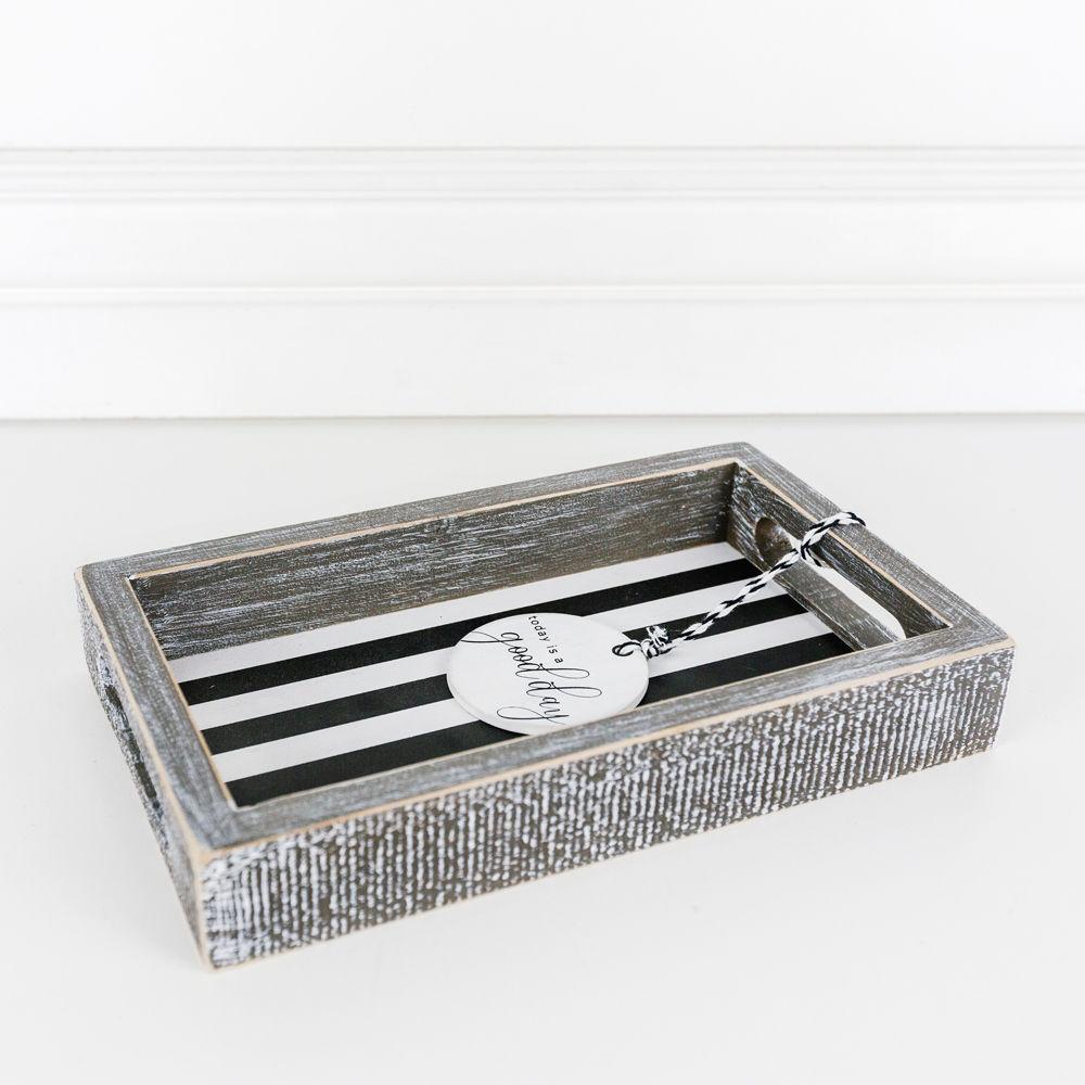 Farmhouse Modern Wooden Tray Black White Striped Decorative Serving Tray 10 x 6 x 1.5 Inch