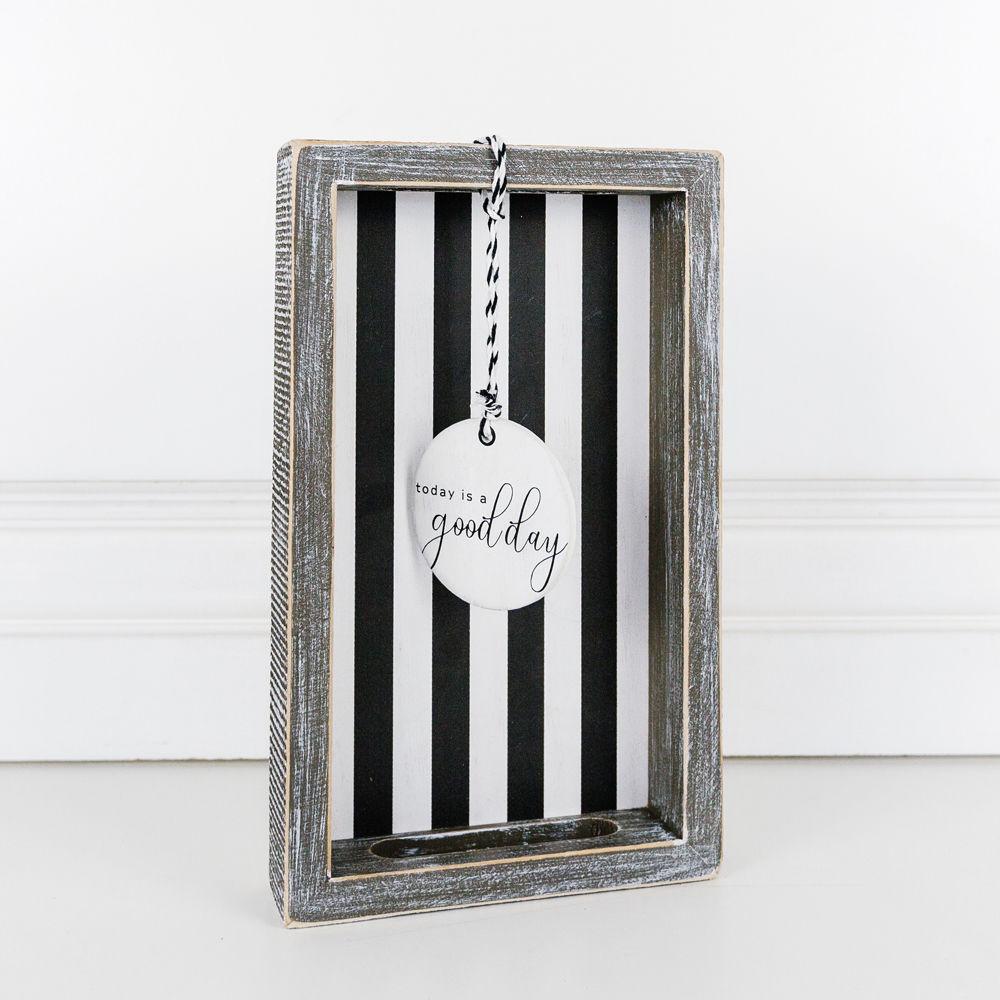 Farmhouse Modern Wooden Tray Black White Striped Decorative Serving Tray 10 x 6 x 1.5 Inch