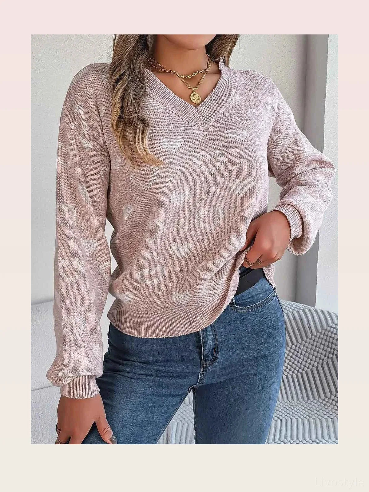 Heart Pattern V-Neck Long Sleeve Sweater