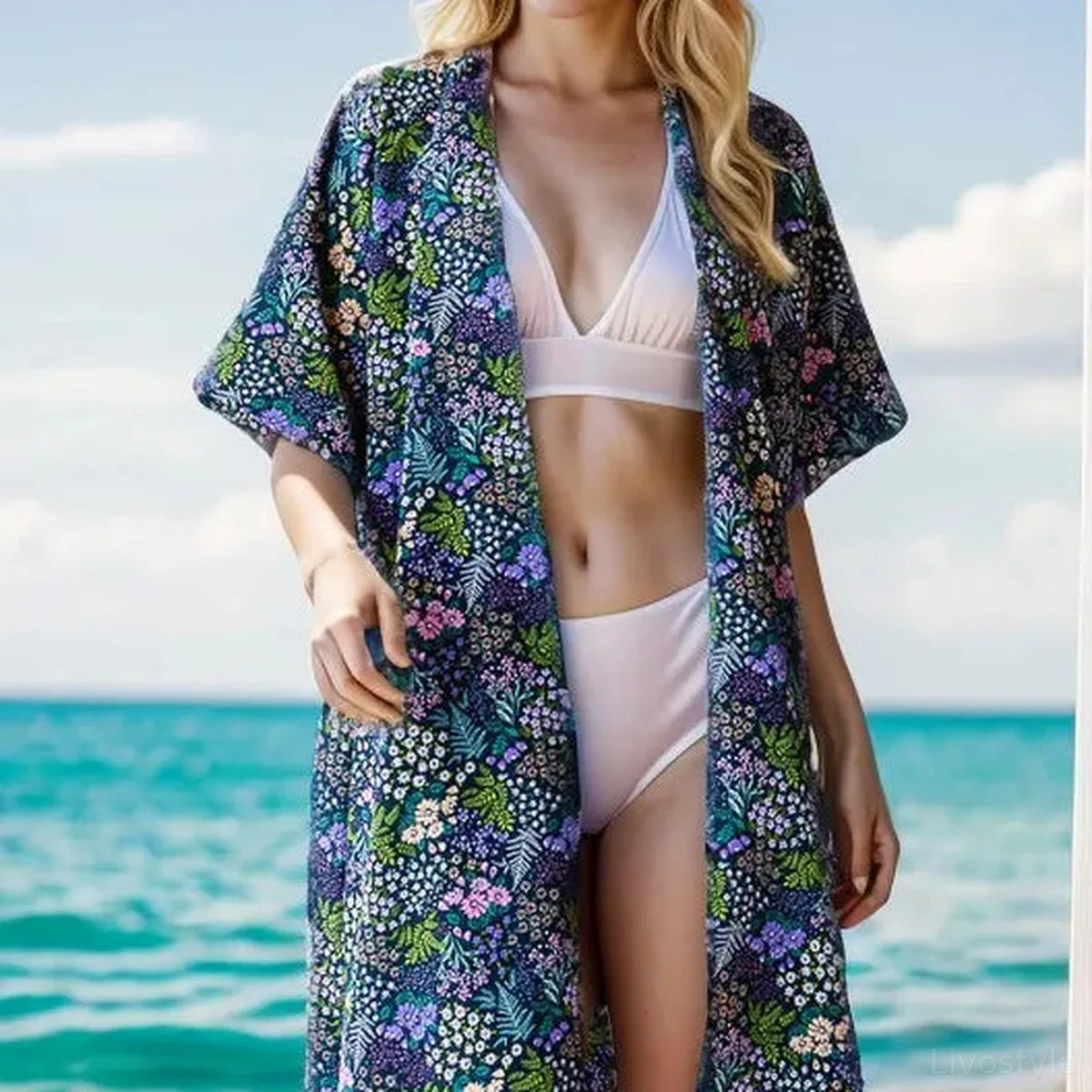 Chic Half-Sleeve Floral Cardigan in Plus Sizes