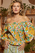 Honey Yellow Floral Print Off-Shoulder Smocked Blouse by POL