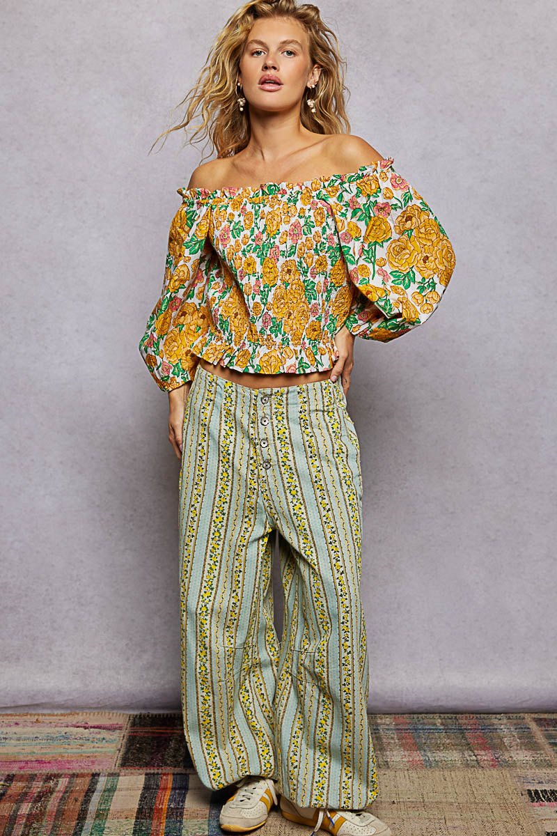Honey Yellow Floral Print Off-Shoulder Smocked Blouse by POL