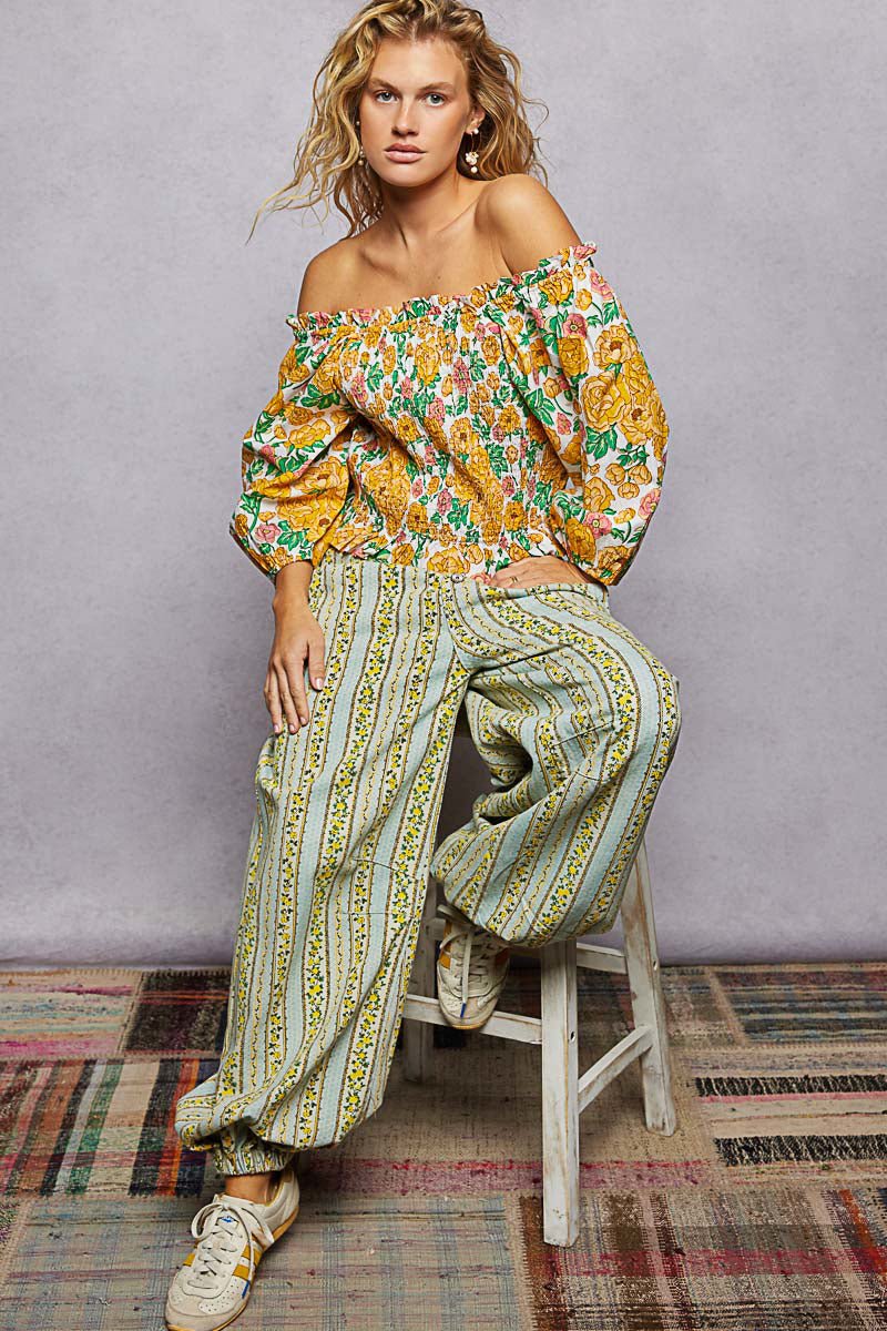 Honey Yellow Floral Print Off-Shoulder Smocked Blouse by POL