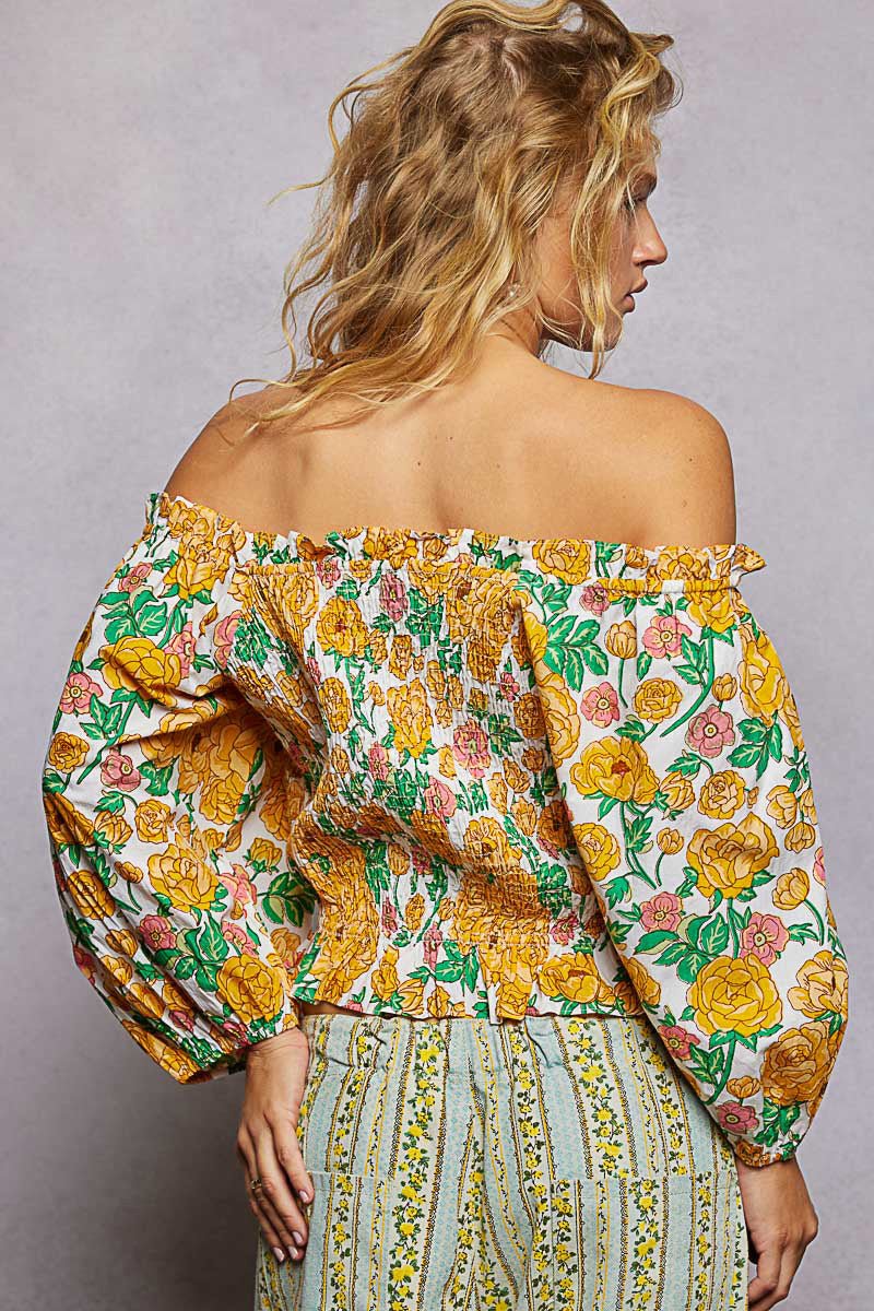Honey Yellow Floral Print Off-Shoulder Smocked Blouse by POL