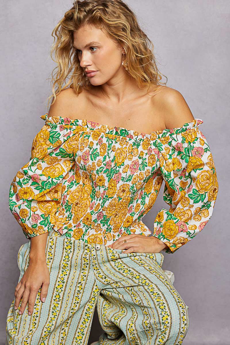 Honey Yellow Floral Print Off-Shoulder Smocked Blouse by POL