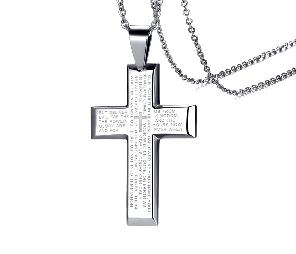 Heavy Lords Prayer Crucifix Cross Necklace for Men Silver Heavy Waterproof Stainless Steel Wheat Chain Jewelry Boys Catholic Cross of Jesus