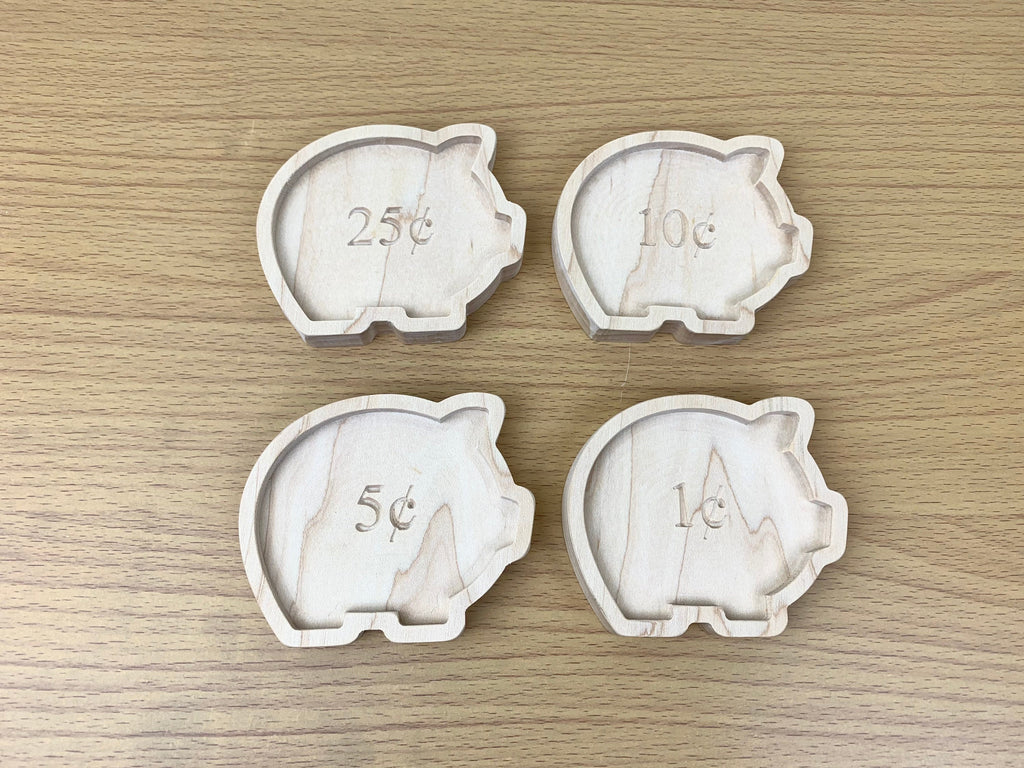 Set of 4 Wooden Pig Money Sorting Trays for Cents