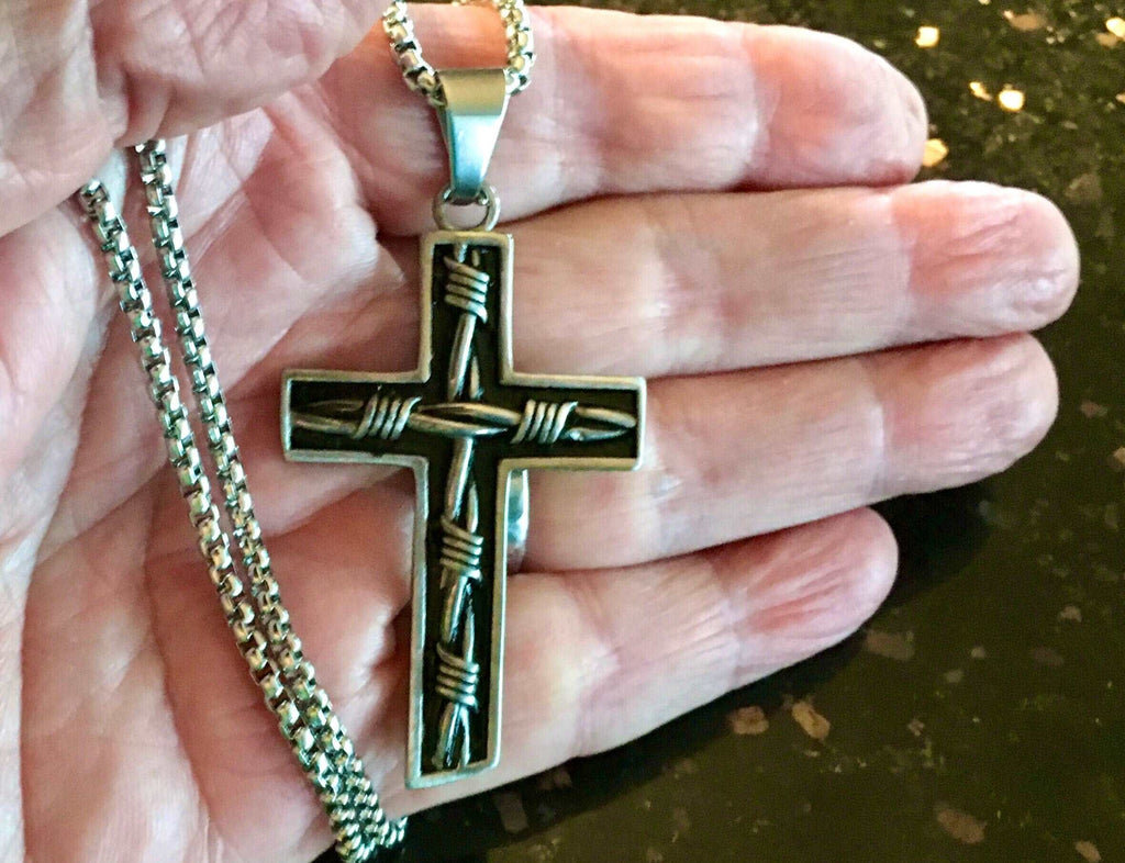 3D barbed wire crucifix cross catholic orthodox waterproof stainless steel box chain necklace for men gold black hip hop jesus