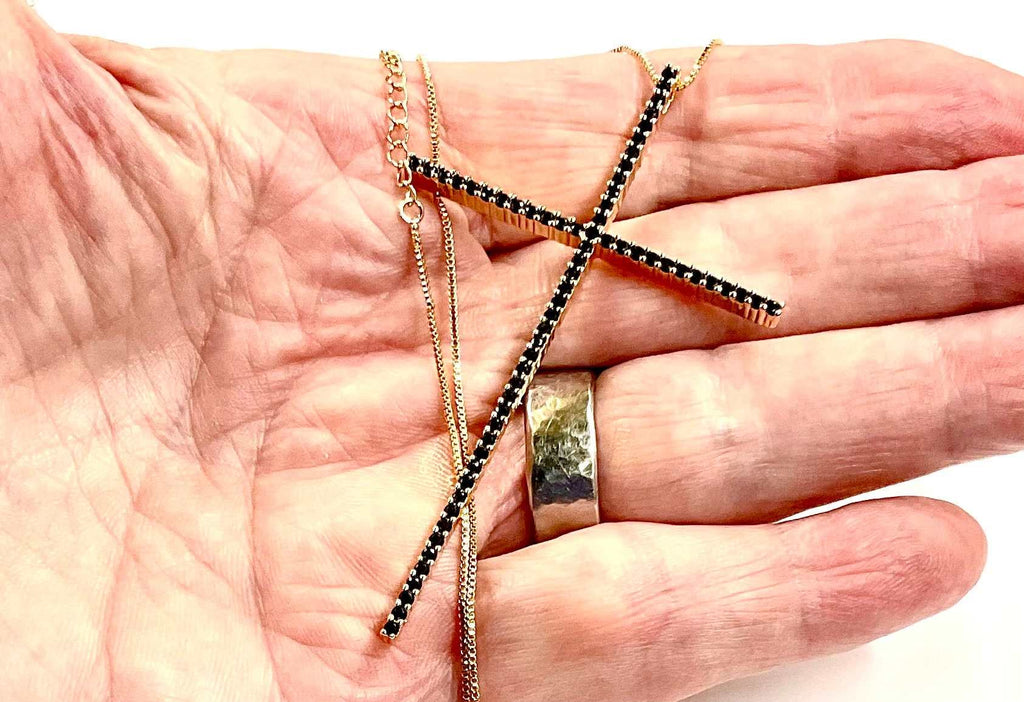Large black bling crucifix cross necklace gold with black CZ zircon thin design with box chain jewelry jewellery cross of jesus