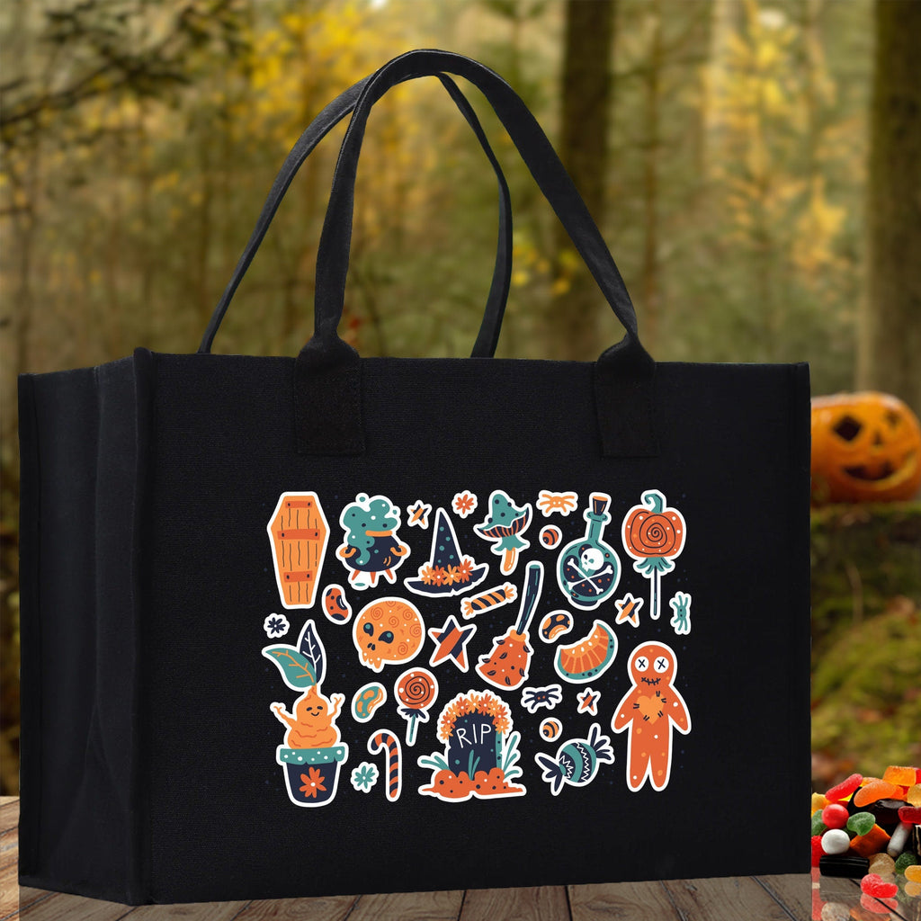 Halloween Trick or Treat Tote Bag Halloween Tote Bag for Kids Halloween Gift Halloween Candy Bag Halloween Doodles Cute Canvas Tote Bag