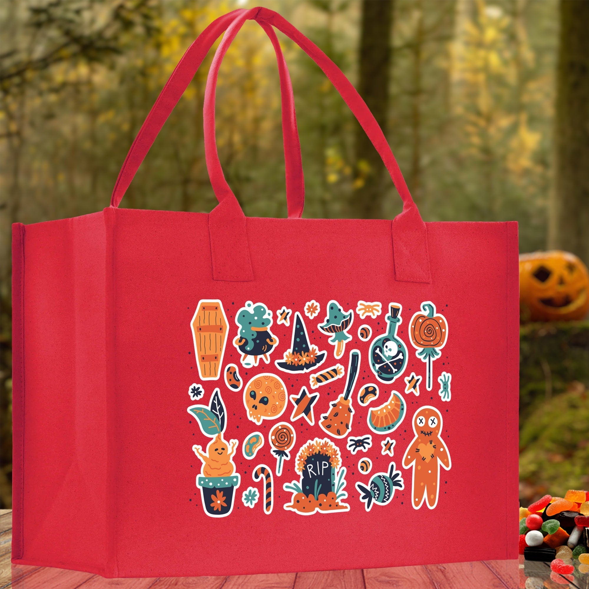 Halloween Trick or Treat Tote Bag Halloween Tote Bag for Kids Halloween Gift Halloween Candy Bag Halloween Doodles Cute Canvas Tote Bag