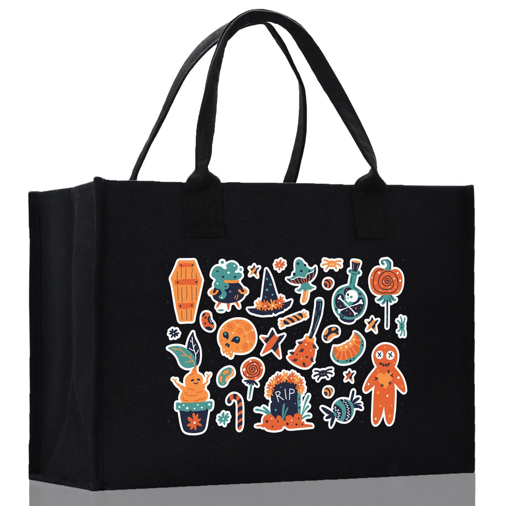 Halloween Trick or Treat Tote Bag Halloween Tote Bag for Kids Halloween Gift Halloween Candy Bag Halloween Doodles Cute Canvas Tote Bag