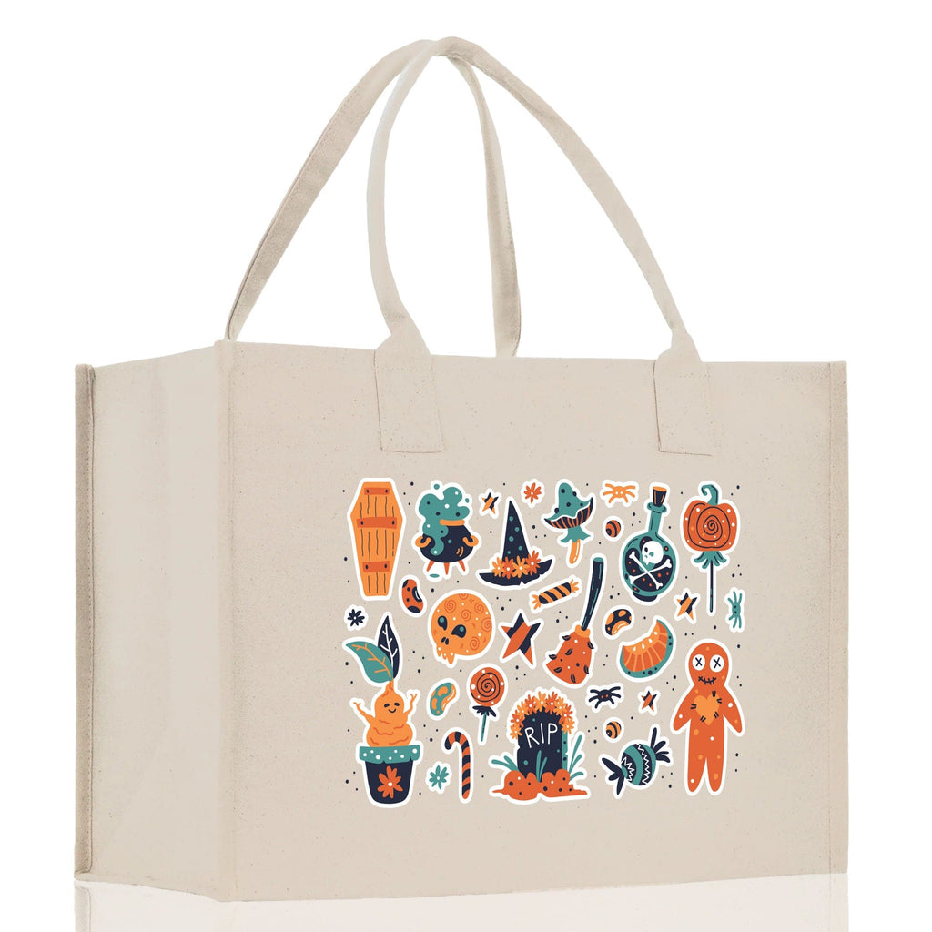 Halloween Trick or Treat Tote Bag Halloween Tote Bag for Kids Halloween Gift Halloween Candy Bag Halloween Doodles Cute Canvas Tote Bag