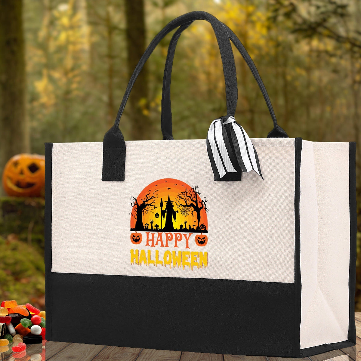 Halloween Trick or Treat Tote Bag Halloween Tote Bag for Kids Halloween Gift Halloween Candy Bag Halloween Doodles Cute Canvas Tote Bag
