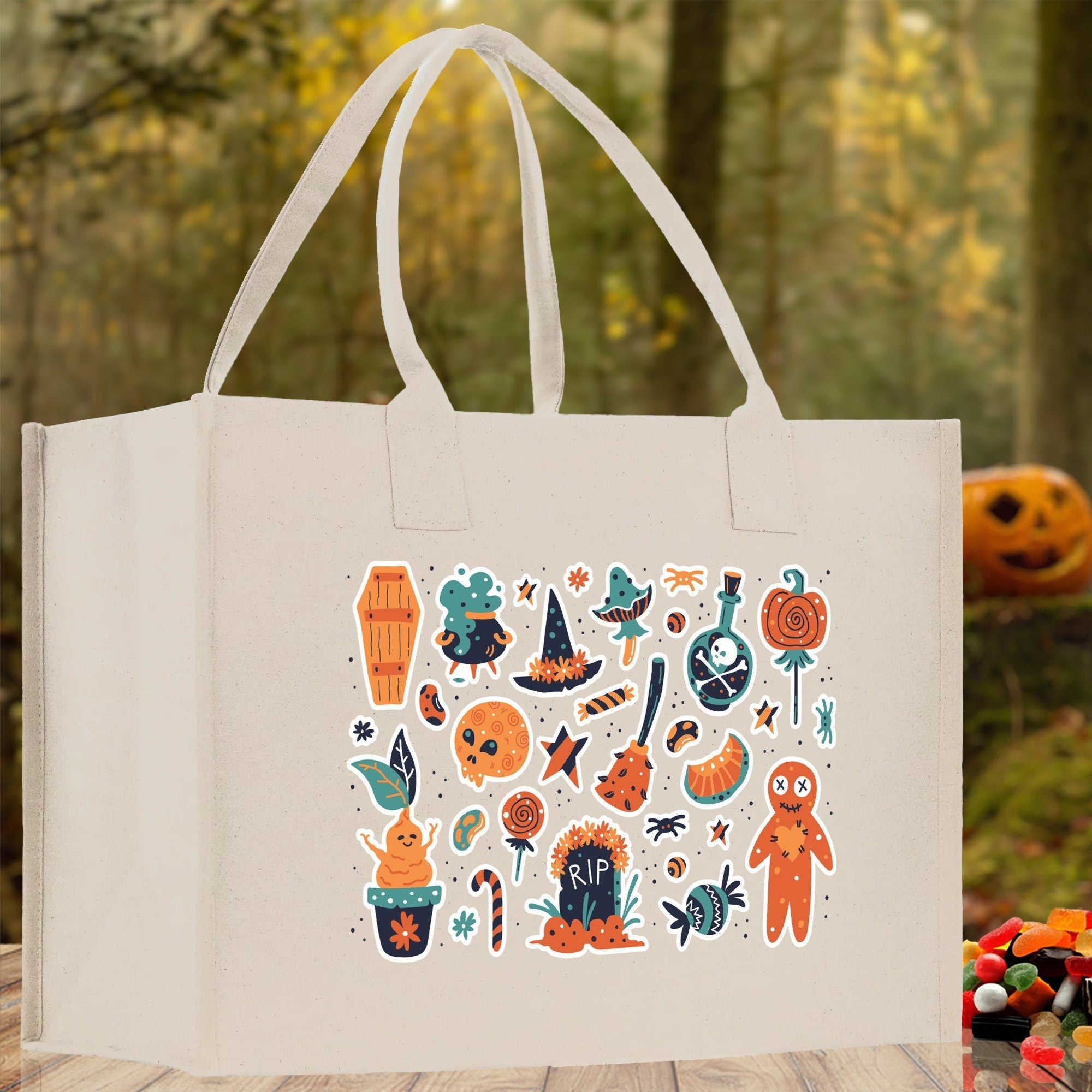 Halloween Trick or Treat Tote Bag Halloween Tote Bag for Kids Halloween Gift Halloween Candy Bag Halloween Doodles Cute Canvas Tote Bag