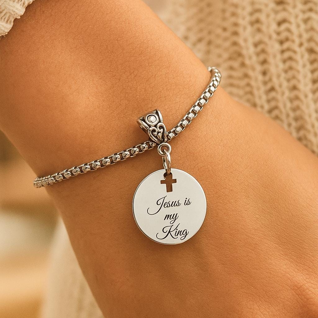 Jesus Is My King Bracelet Stainless Steel Box Chain Engraved Charm With Cross Cut Out Faith Jewelry Gift From JKCE Designs