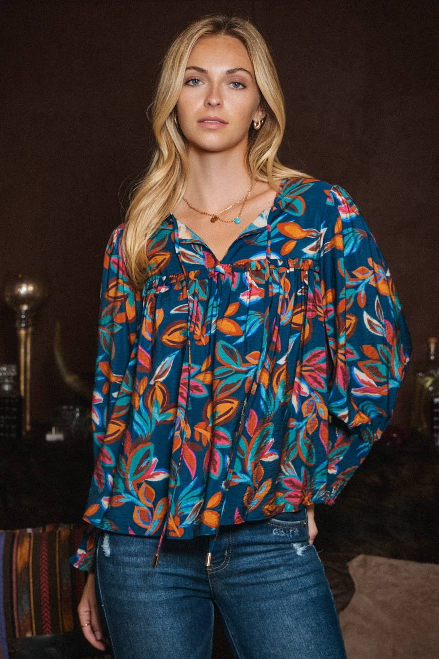 Oddi Leaf Printed Long Sleeve Western Blouse — Tie Front Neck with Ruffled Yoke (Small remaining)