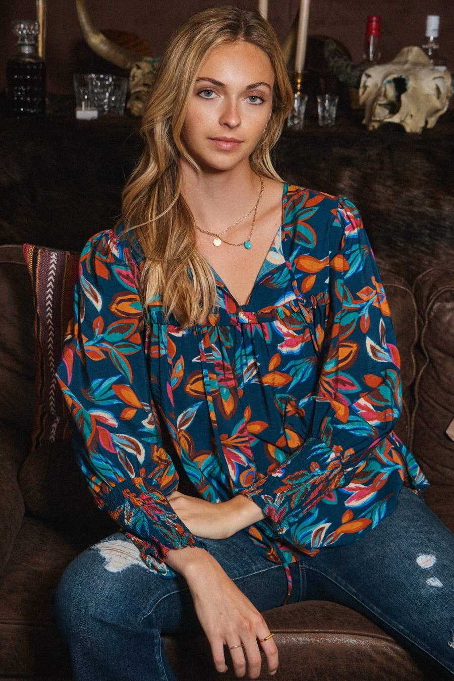 Oddi Leaf Printed Long Sleeve Western Blouse — Tie Front Neck with Ruffled Yoke (Small remaining)