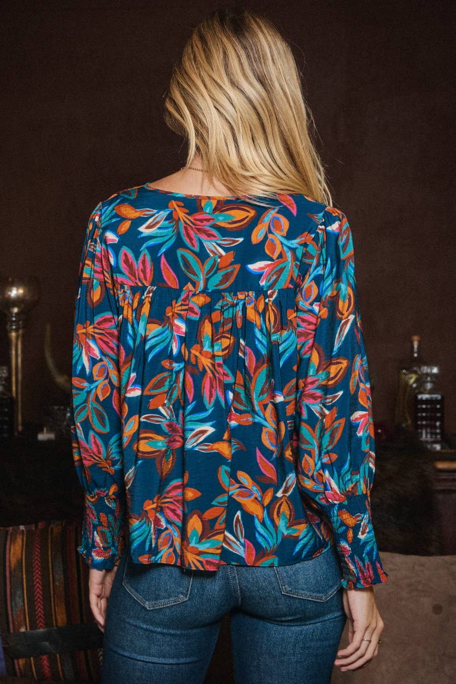 Oddi Leaf Printed Long Sleeve Western Blouse — Tie Front Neck with Ruffled Yoke (Small remaining)