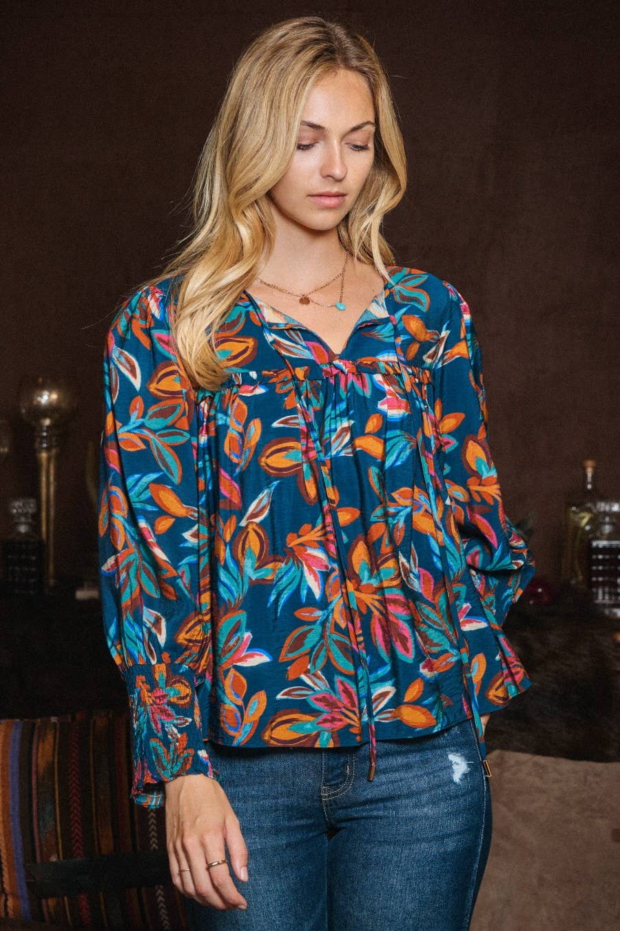 Oddi Leaf Printed Long Sleeve Western Blouse — Tie Front Neck with Ruffled Yoke (Small remaining)