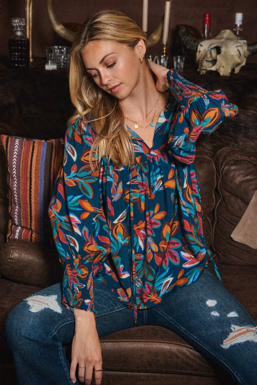 Oddi Leaf Printed Long Sleeve Western Blouse — Tie Front Neck with Ruffled Yoke (Small remaining)