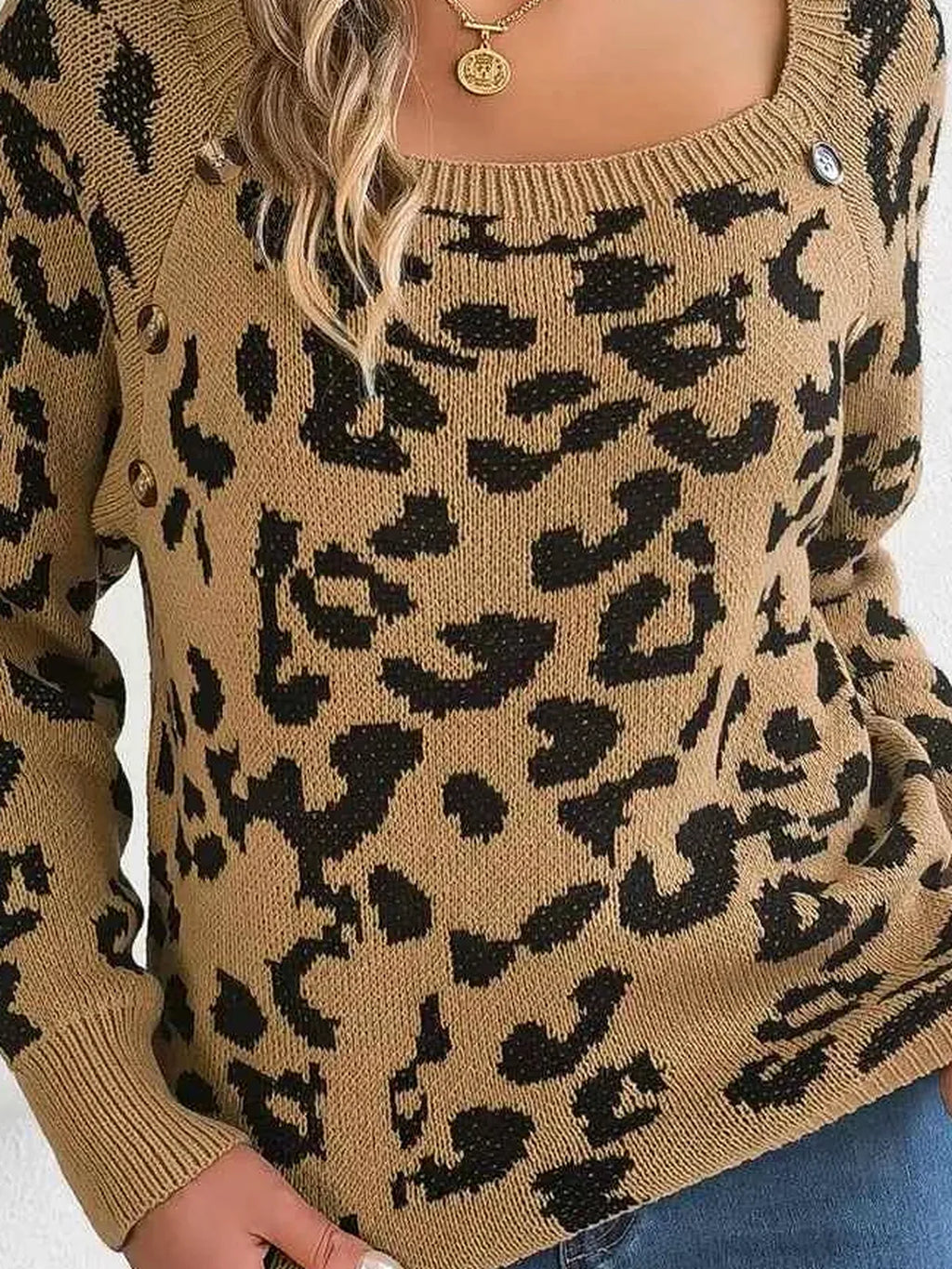 Leopard Buttoned Square Neck Sweater