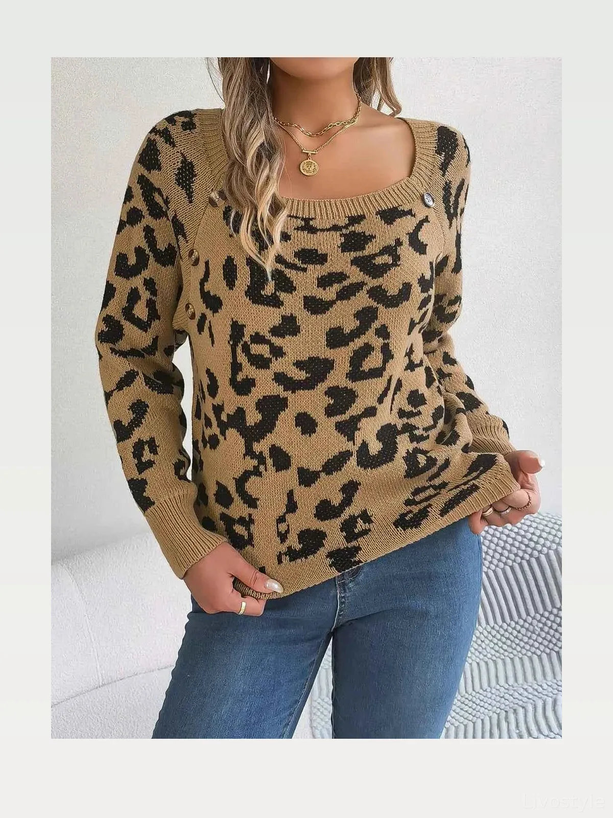 Leopard Buttoned Square Neck Sweater