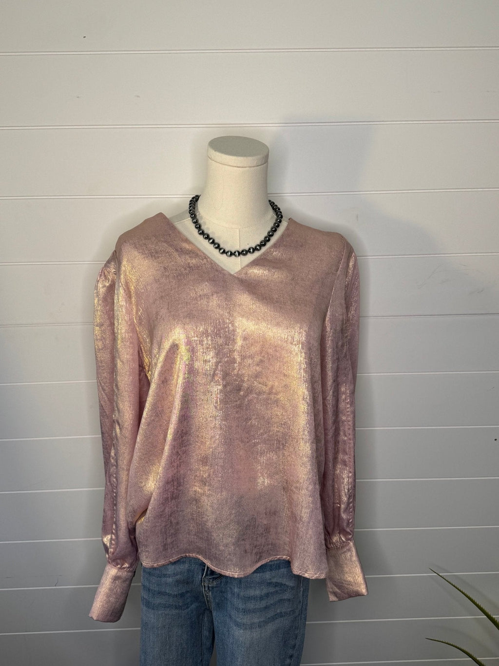 Jodifl Metallic Western V-Neck Puff Sleeve Blouse — Lightweight Elegant Layering Piece