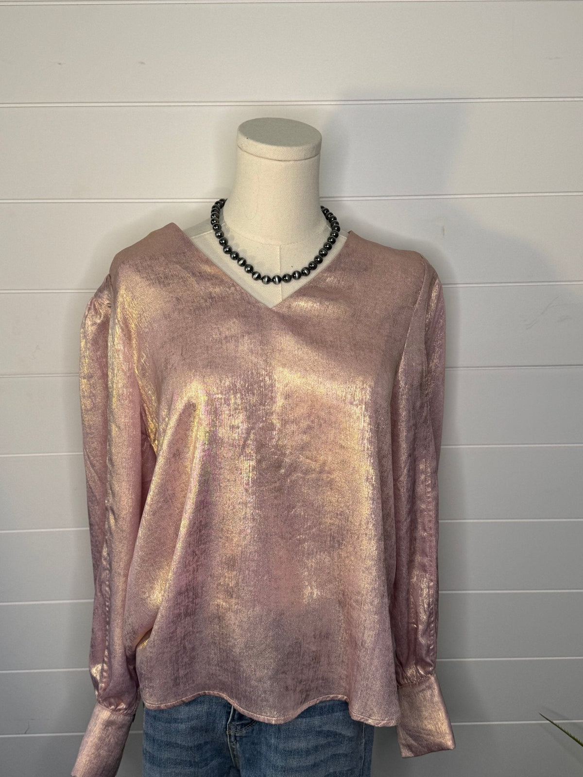 Jodifl Metallic Western V-Neck Puff Sleeve Blouse — Lightweight Elegant Layering Piece