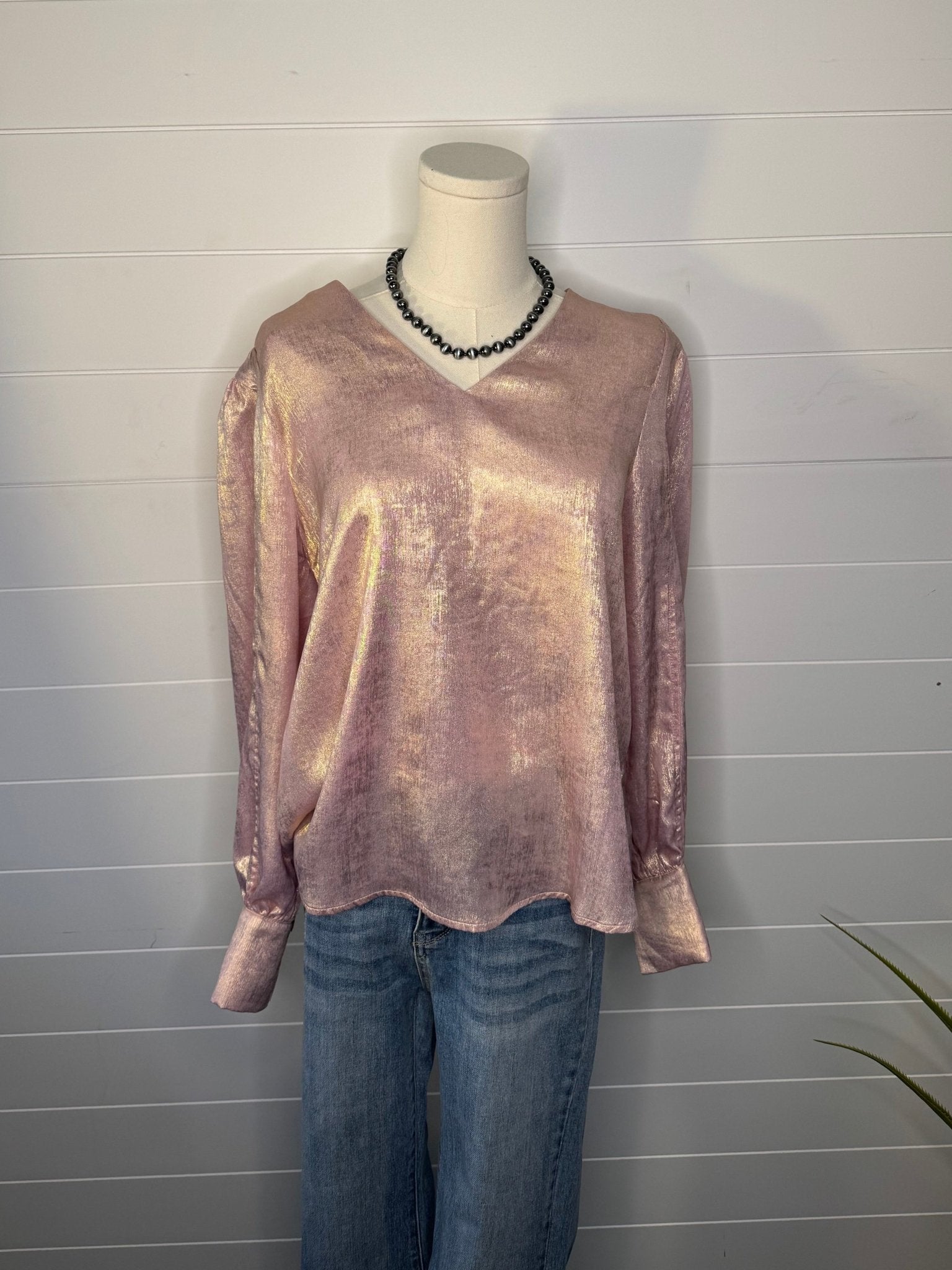 Jodifl Metallic Western V-Neck Puff Sleeve Blouse — Lightweight Elegant Layering Piece