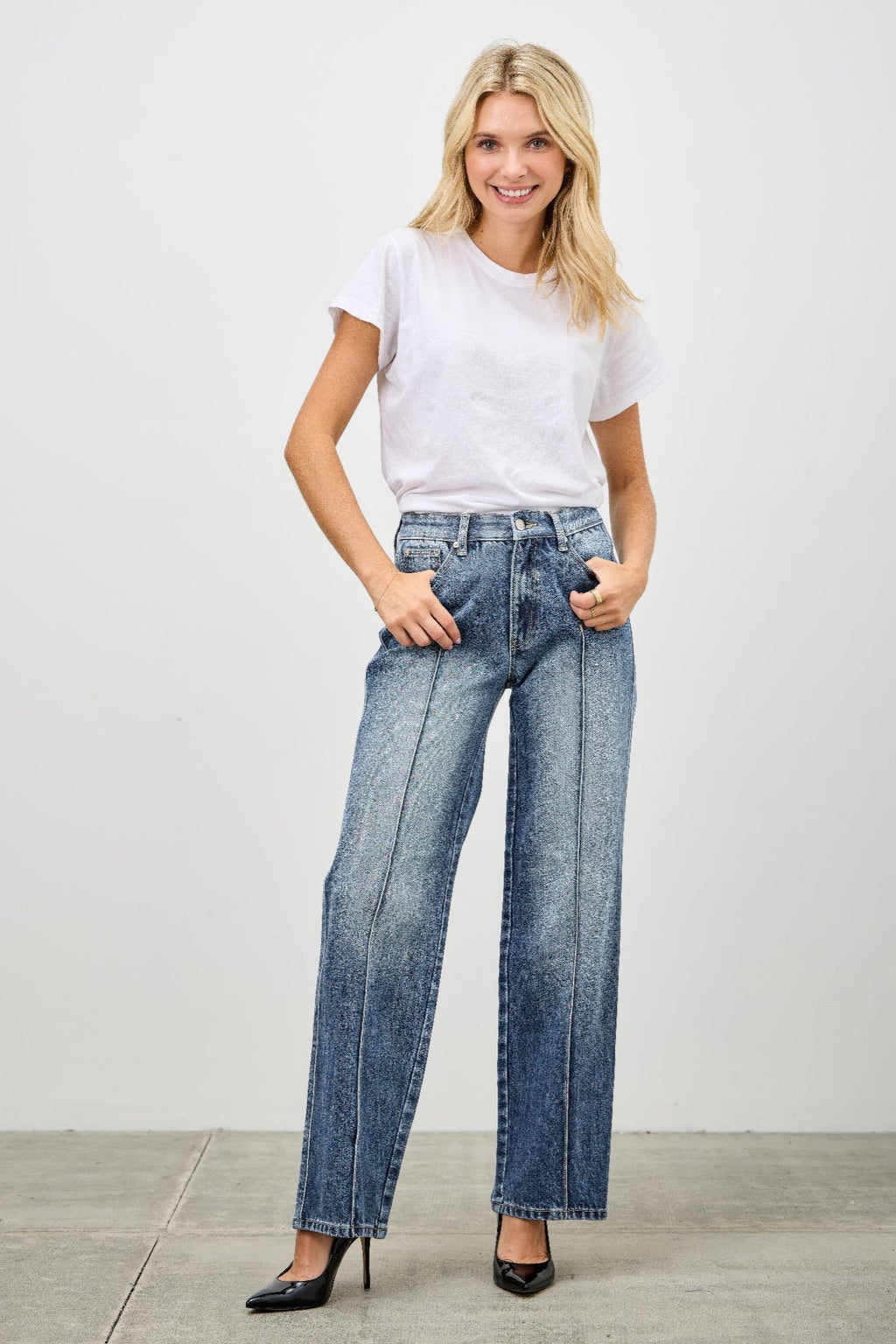 Women's Mid Rise Straight Leg Pintuck Denim Jean Pants