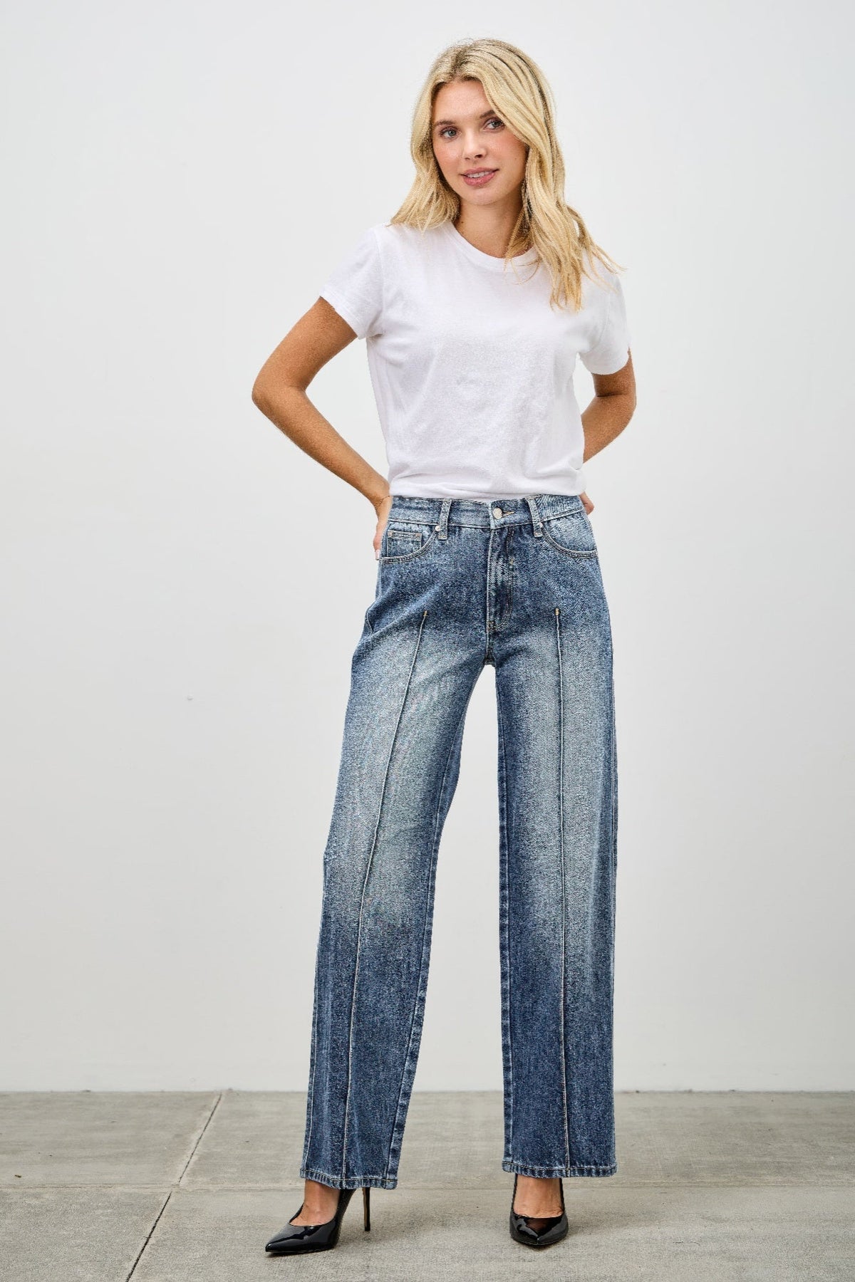 Women's Mid Rise Straight Leg Pintuck Denim Jean Pants